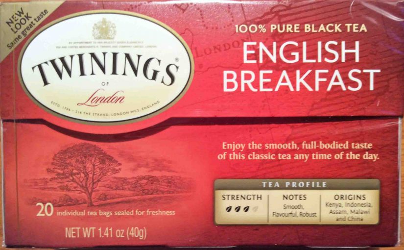 Rear view picture of a 20-count box of Twinings English Breakfast Tea.