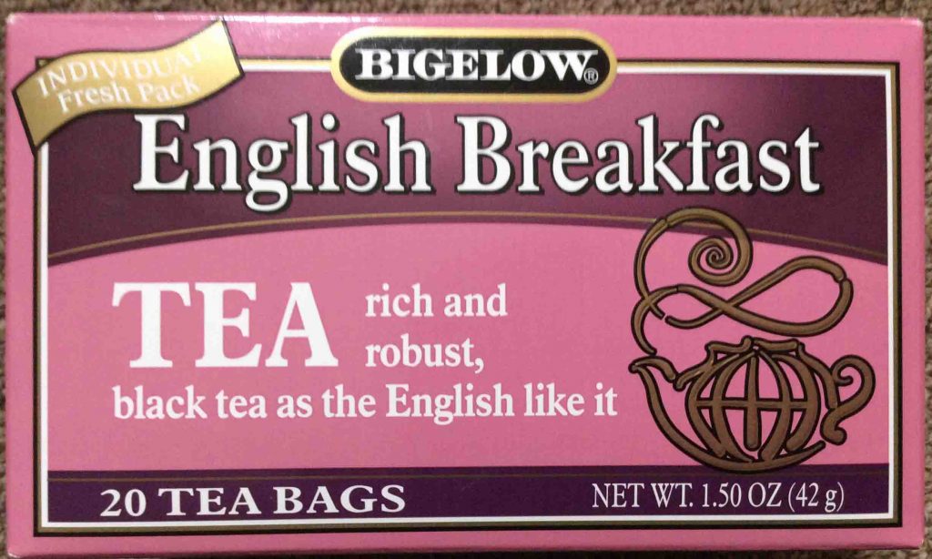 Picture of the top of a 1.5 ounce box of Bigelow English Breakfast Tea.