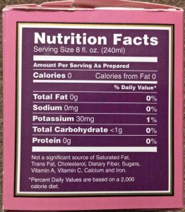 Picture of the Nutrition Facts Label from a 1.5 ounce box of Bigelow English Breakfast Tea.
