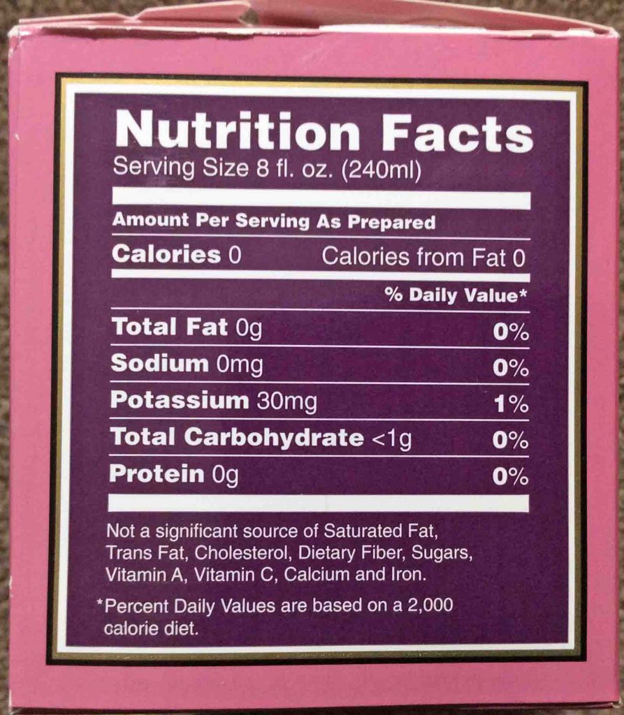 Picture of the Nutrition Facts Label from a 1.5 ounce box of Bigelow English Breakfast Tea.