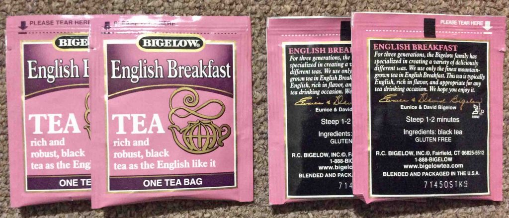 Picture of the individually wrapped Bigelow English Breakfast Teabags, both front and back views.