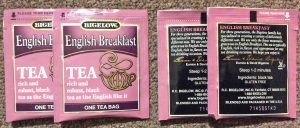 Picture of the individually wrapped Bigelow English Breakfast Teabags, both front and back views. 