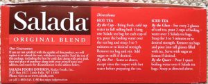 Picture of the brewing instructions side of a box of Salada Naturally Healthy Black Tea.