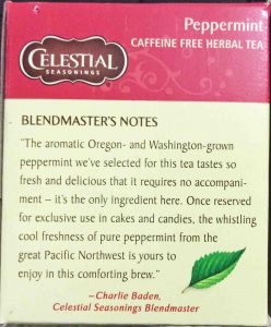 Picture of a Celestial Peppermint Tea box, showing the blendmaster's message about the product. 