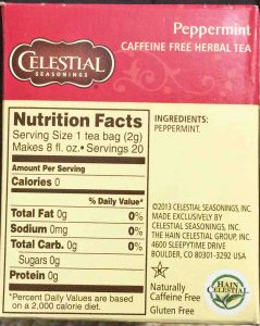 Picture of a 20-count, 1.1 ounce box of Celestial Seasonings Peppermint Herbal Tea, showing the ingredients list and nutrition information. 