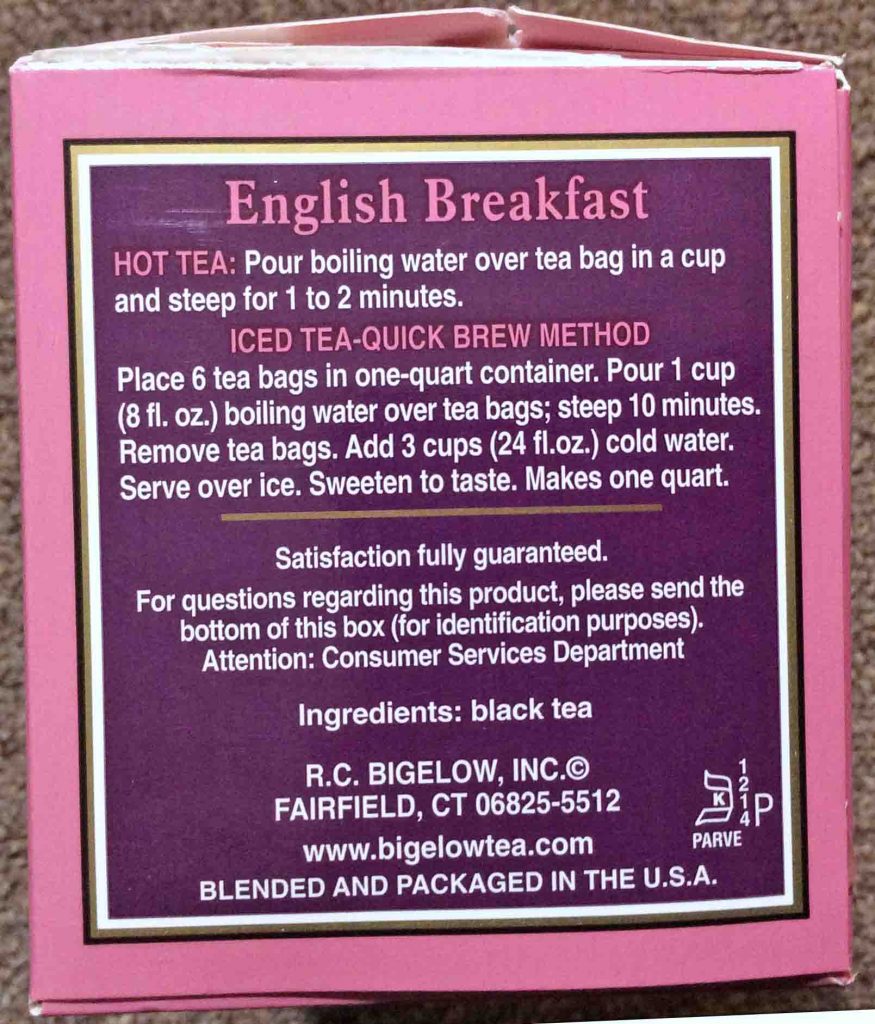 Bigelow English Breakfast Tea, 1.5-ounce box side, showing the brewing instructions.