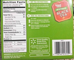 Picture of the Nutrition label and brewing instructions on a box of Great Value Decaf Black Tea, 48-Count, Bottom View.