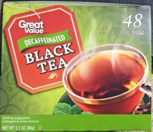 Picture of a 48-count box of Great Value Decaffeinated Black Tea, showing the box top, the lid. 