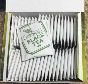 Picture of an open 48-count box of Great Value Decaf Black Tea, showing the individually wrapped teabags. 