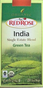 Picture of a 20-count box of Red Rose India Single Estate Blend Green Tea, front view. 