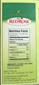 Picture of the nutrition facts and ingredients lists on a 20-count box of Red Rose Single Estate Blend Organic Green Tea.
