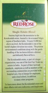 Picture fo the box side of Red Rose India Green Tea, showing description of what Single Estate Blend means. 